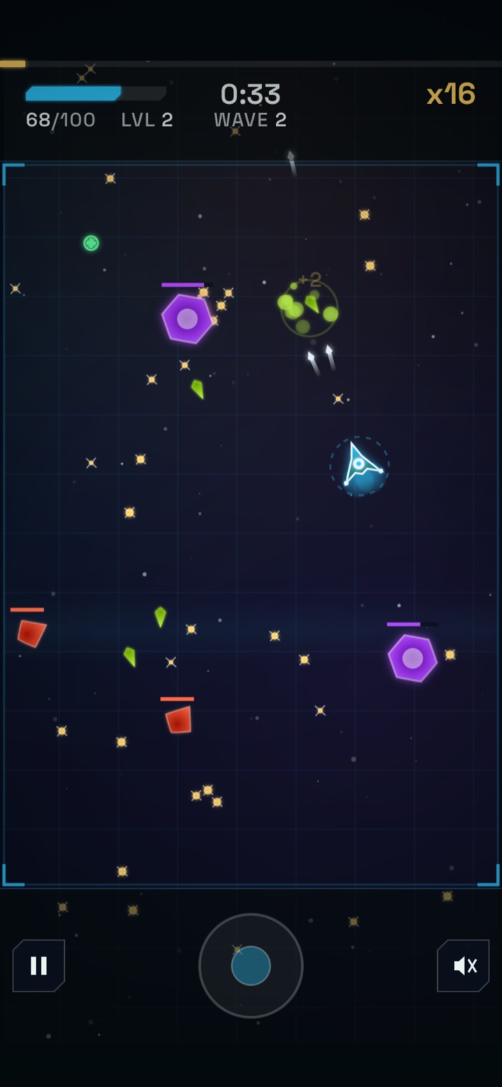 Deep Signal gameplay: the player's ship firing at purple and red enemy ships, with glowing pickups, a x16 combo and the control wheel at the bottom.
