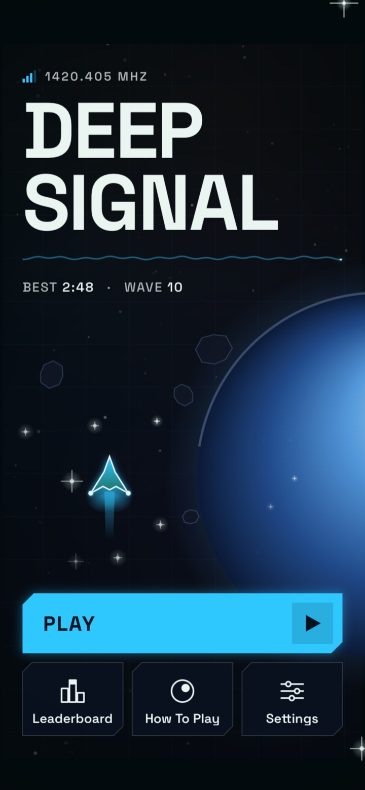 Deep Signal main menu: the title above a glowing signal trace, a ship rising past a blue planet, and a Play button.