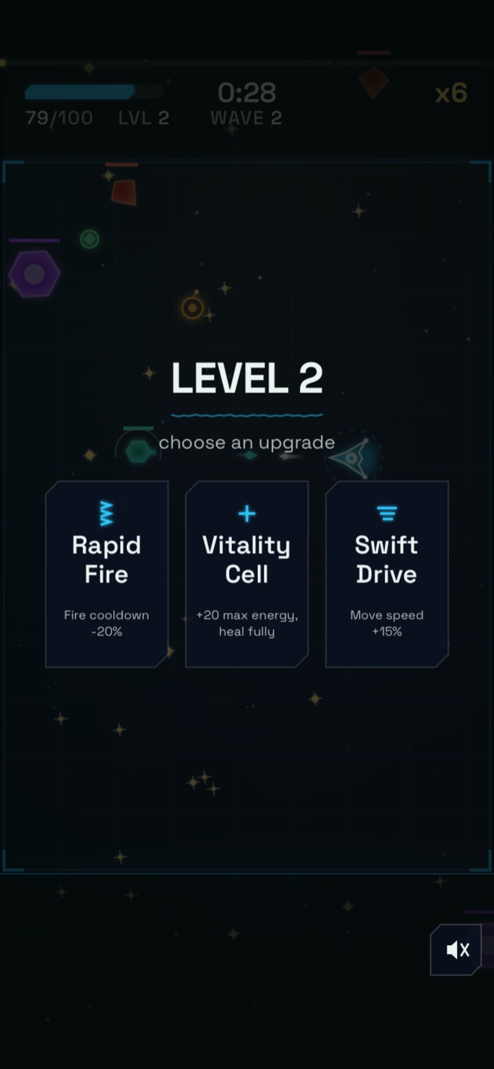 Deep Signal level-up screen: choose one of three upgrades — Rapid Fire, Vitality Cell or Swift Drive.