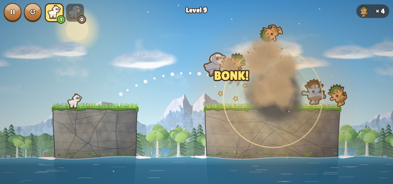 Goat Bash gameplay: Big Billy head-butts a troll with a BONK!, a barrel of troll potion explodes and trolls fly towards the water.