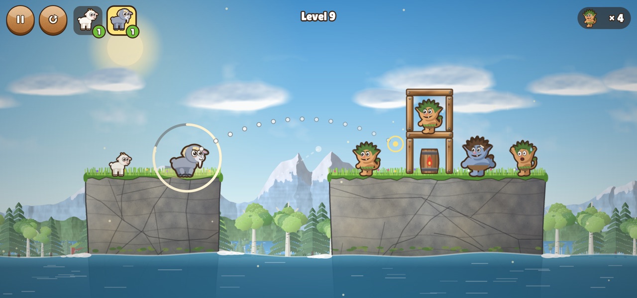Goat Bash: Big Billy aims a leap at a wooden tower full of trolls, with a dotted arc showing the jump.