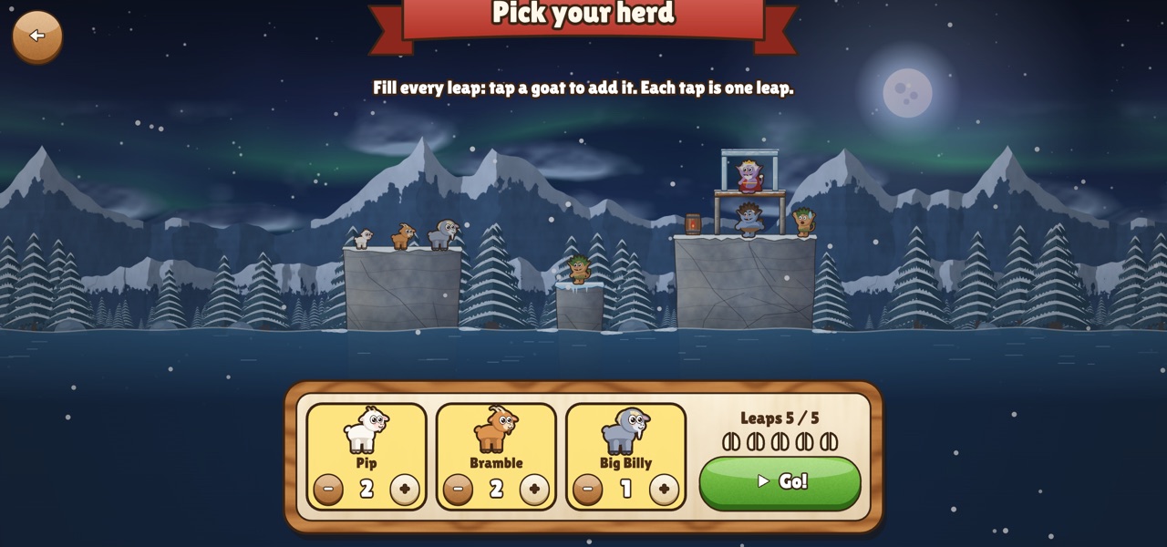 The Pick your herd screen under the northern lights: two leaps for Pip, two for Bramble and one for Big Billy.